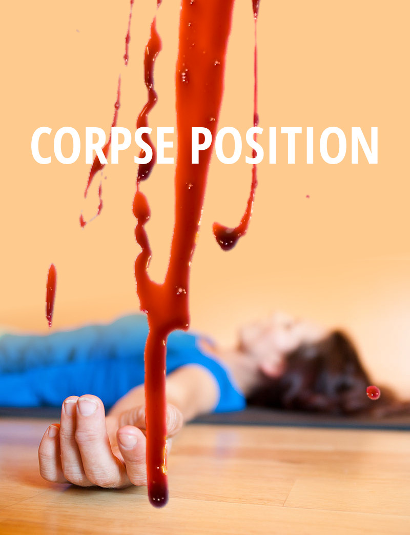 A photograph of a person wearing a blue top lying in corpse position in a peach-coloured room. Their hand is near the camera, while the rest of their body is further away and out of focus. Blood trails down the image as if running down a windowpane. The title, CORPSE POSITION, is in white text.